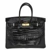 Hermes Black Crocodile Gold Plated Birkin 35 Bag For Women