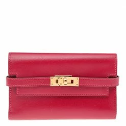 Hermes Rouge Vif Tadelakt Leather Kelly Depliant Medium Wallet For Women