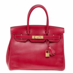 Hermes Rouge Vif Tadelakt Leather Gold Finished Birkin 30 Bag For Women