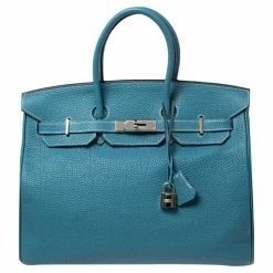 Hermes Bleu Jean Fjord Leather Birkin 35 Bag For Women