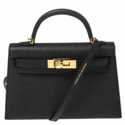 Hermes Noir Epsom Leather Gold Hardware Mini II Kelly Bag For Women