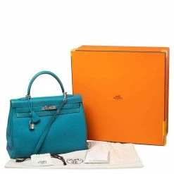 Hermes Bleu Jean Togo Leather Palladium Finish Kelly Retourne 35 Bag For Women -Deals Hermes Store luxury women hermes used handbags p570035 009