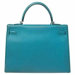 Hermes Bleu Jean Togo Leather Palladium Finish Kelly Retourne 35 Bag For Women -Deals Hermes Store luxury women hermes used handbags p570035 010