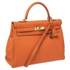 Hermes Orange Togo Leather Gold Plated Kelly Retourne 35 Bag For Women -Deals Hermes Store luxury women hermes used handbags p586757 018