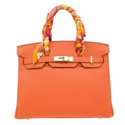 Hermes Orange Togo Leather Gold Hardware Birkin 30 Bag With Twilly Scarf For Women