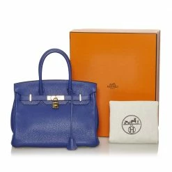 Hermes Blue Clemence Leather & Gold-Plated Hardware Birkin 30 Bag For Women -Deals Hermes Store luxury women hermes used handbags p594300 002