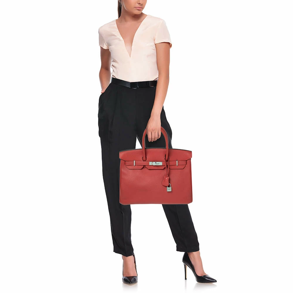 Hermes Rouge Piment Togo Leather Palladium Plated Birkin 35 Bag For Women 4 Hermes Rouge Piment Togo Leather Palladium Plated Birkin 35 Bag For Women - Image 2