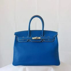 Hermes Blue Leather Palladium Hardware Birkin 35 Bag For Women -Deals Hermes Store luxury women hermes used handbags p602133 001