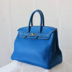 Hermes Blue Leather Palladium Hardware Birkin 35 Bag For Women -Deals Hermes Store luxury women hermes used handbags p602133 008