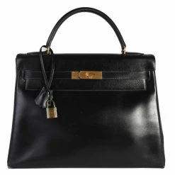 Hermes Hermès Black Box Calf Gold Hardware Vintage Kelly Retourne 32 Bag For Women