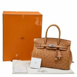 Hermes Tabac Camel Ostrich Palladium Plated Birkin 30 Bag For Women -Deals Hermes Store luxury women hermes used handbags p608568 014