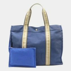 HERMES Hermes Sacked Plage GM Tote Bag Large Canvas Navy Blue Mustard Greige For Women