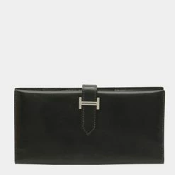 Hermes Bearn Classic Bi-Fold Long Wallet Box Calf BOX Leather Black For Women