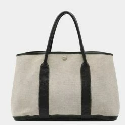 Hermes Garden PM Tote Bag Toile Ash Leather Gray Black G Engraved For Women