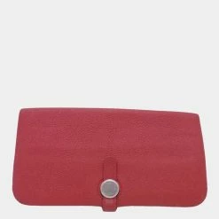 HERMES Long Wallet Dogon Dark Red Leather For Women