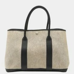 Hermes Garden PM Tote Bag Toile Ash Leather Gray Black For Women