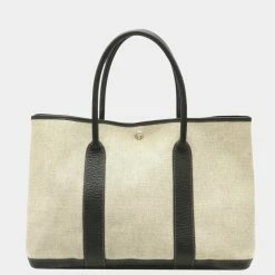Hermes Garden PM Tote Bag Toile Ash Leather Gray Black J Engraved For Women