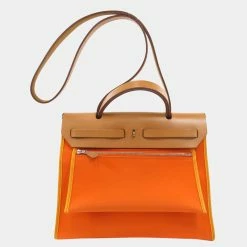 Hermes Ale Bag Zip 31 Orange Shoulder Toile Offiche / Leather Women's For Women -Deals Hermes Store luxury women hermes used handbags p625782 006