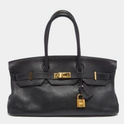 Hermes Black Clemence Leather Gold Finish Shoulder Birkin JPG 42 Bag For Women