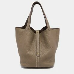 Hermes Taupe Clemence Leather Gold Finish Picotin Lock 22 Bag For Women