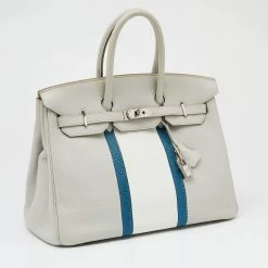 Hermes Gris Perle/Blanc/Mykonos Clemence And Lizard Club Birkin 35 Bag For Women -Deals Hermes Store luxury women hermes used handbags p628385 011
