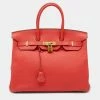 Hermes Rouge Pivoine Clemence Leather Gold Plated Birkin 35 Bag For Women