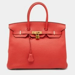 Hermes Rouge Pivoine Clemence Leather Gold Plated Birkin 35 Bag For Women