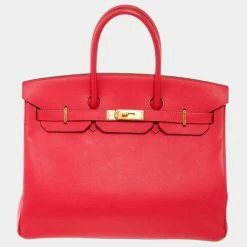 Hermes Red Clemence Taurillon Leather Gold Hardware Birkin 35 Bag For Women