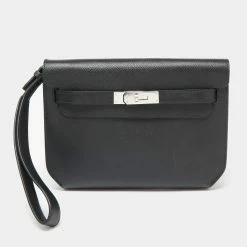 Hermes Black Epsom Leather Kelly Depeches 25 Pouch For Women