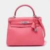 Hermes Rose Lipstick Togo Leather Palladium Finish Kelly Retourne 28 Bag For Women
