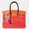 Hermes Rouge Vif, Tangerine, & Rouge H Ostrich Birkin 35 PHW For Women