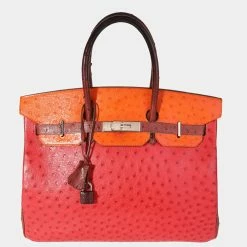 Hermes Rouge Vif, Tangerine, & Rouge H Ostrich Birkin 35 PHW For Women