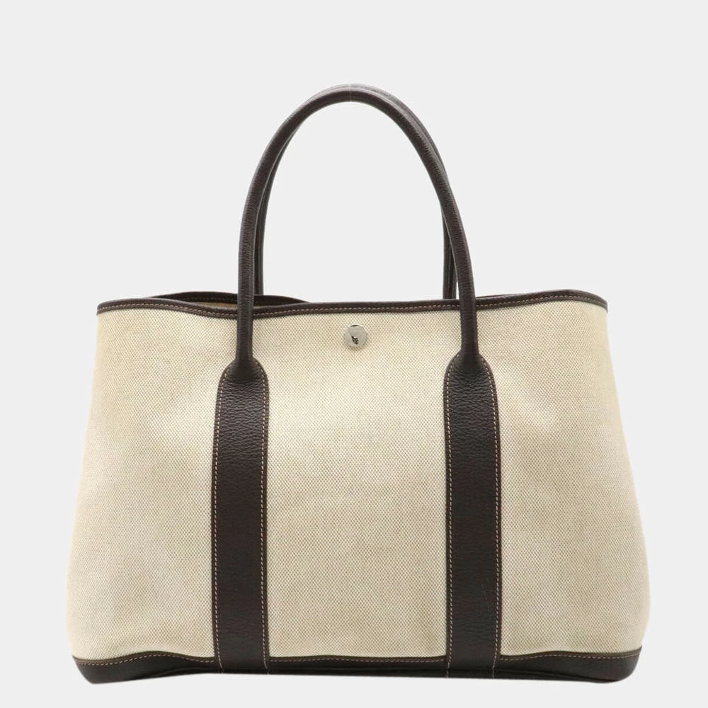 Hermes Garden PM Tote Toile Ash Buffle Leather Beige Dark Brown For Women 3 Hermes Garden PM Tote Toile Ash Buffle Leather Beige Dark Brown For Women