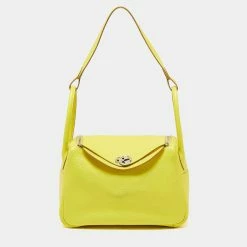 Hermes Lime Taurillon Clemence Leather Palladium Plated Lindy 26 Bag For Women