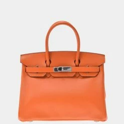 Hermes Orange Swift Leather Palladium Hardware Birkin 30 Bag For Women