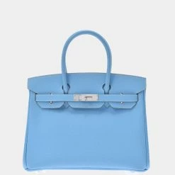 Hermes Blue Epsom Leather Palladium Hardware Birkin 30 Bag For Women