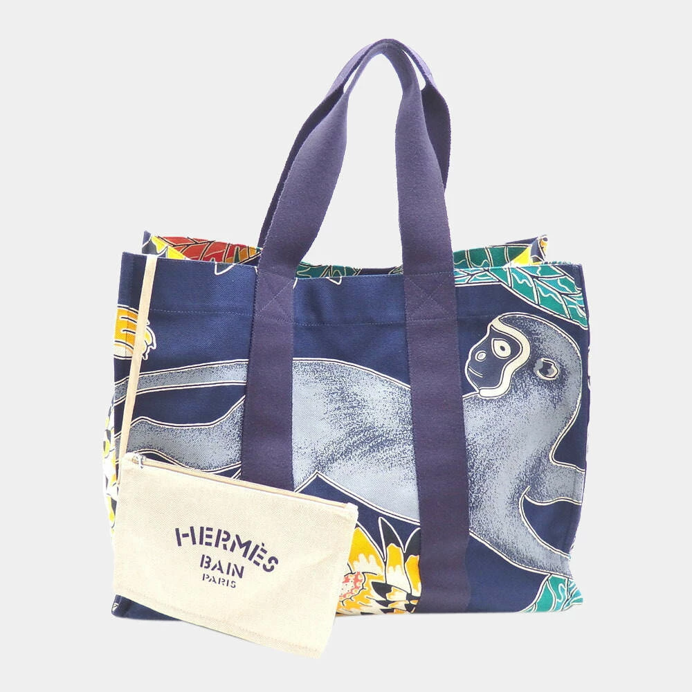 Hermes Beach Bag Navy Multicolor Blue Cotton Canvas Hermes Savannah Dance Hand Tote Women's Men's Monkey For Women 3 Hermes Beach Bag Navy Multicolor Blue Cotton Canvas Hermes Savannah Dance Hand Tote Women's Men's Monkey For Women