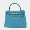 Hermes Kelly 28 Inner Sewn Togo Turquoise R Engraved Handbag For Women