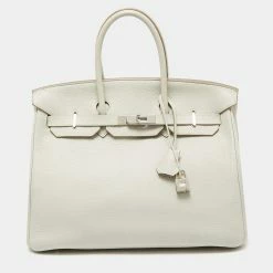 Hermes Pearl Grey Togo Leather Palladium Finish Birkin 35 Bag For Women
