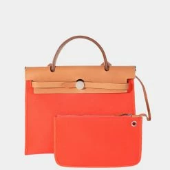 Hermes Orange Toile & Natural Vache Hunter Herbag Zip 31 PHW For Women -Deals Hermes Store luxury women hermes used handbags p645931 002