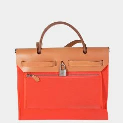 Hermes Orange Toile & Natural Vache Hunter Herbag Zip 31 PHW For Women -Deals Hermes Store luxury women hermes used handbags p645931 007