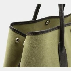 Hermes Garden Party PM Tote Bag Handbag Toile Officier Leather Khaki Moss Green Dark Brown For Women -Deals Hermes Store luxury women hermes used handbags p646679 002