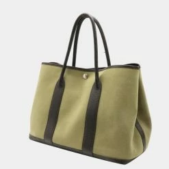 Hermes Garden Party PM Tote Bag Handbag Toile Officier Leather Khaki Moss Green Dark Brown For Women -Deals Hermes Store luxury women hermes used handbags p646679 003