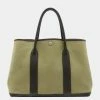 Hermes Garden Party PM Tote Bag Handbag Toile Officier Leather Khaki Moss Green Dark Brown For Women
