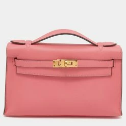 Hermes Rose Lipstick Swift Leather Gold Hardware Kelly Pochette For Women