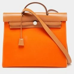 Hermes Hermés Orange/Natural Canvas And Leather Herbag Zip 39 Bag For Women
