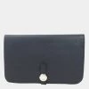 Hermes Bi-Fold Wallet Dogon GM Blue Nui Taurillon Clemence Ladies For Women