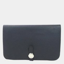 Hermes Bi-Fold Wallet Dogon GM Blue Nui Taurillon Clemence Ladies For Women