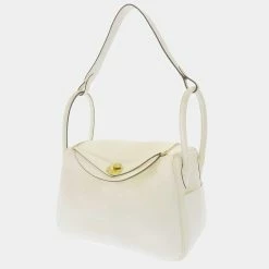 Hermes White Taurillon Clemence Leather Lindy 26 Satchel Bag For Women