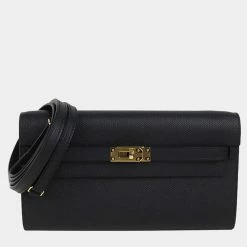 Hermes Black Epsom Leather Gold Hardware Kelly Long Bag For Women